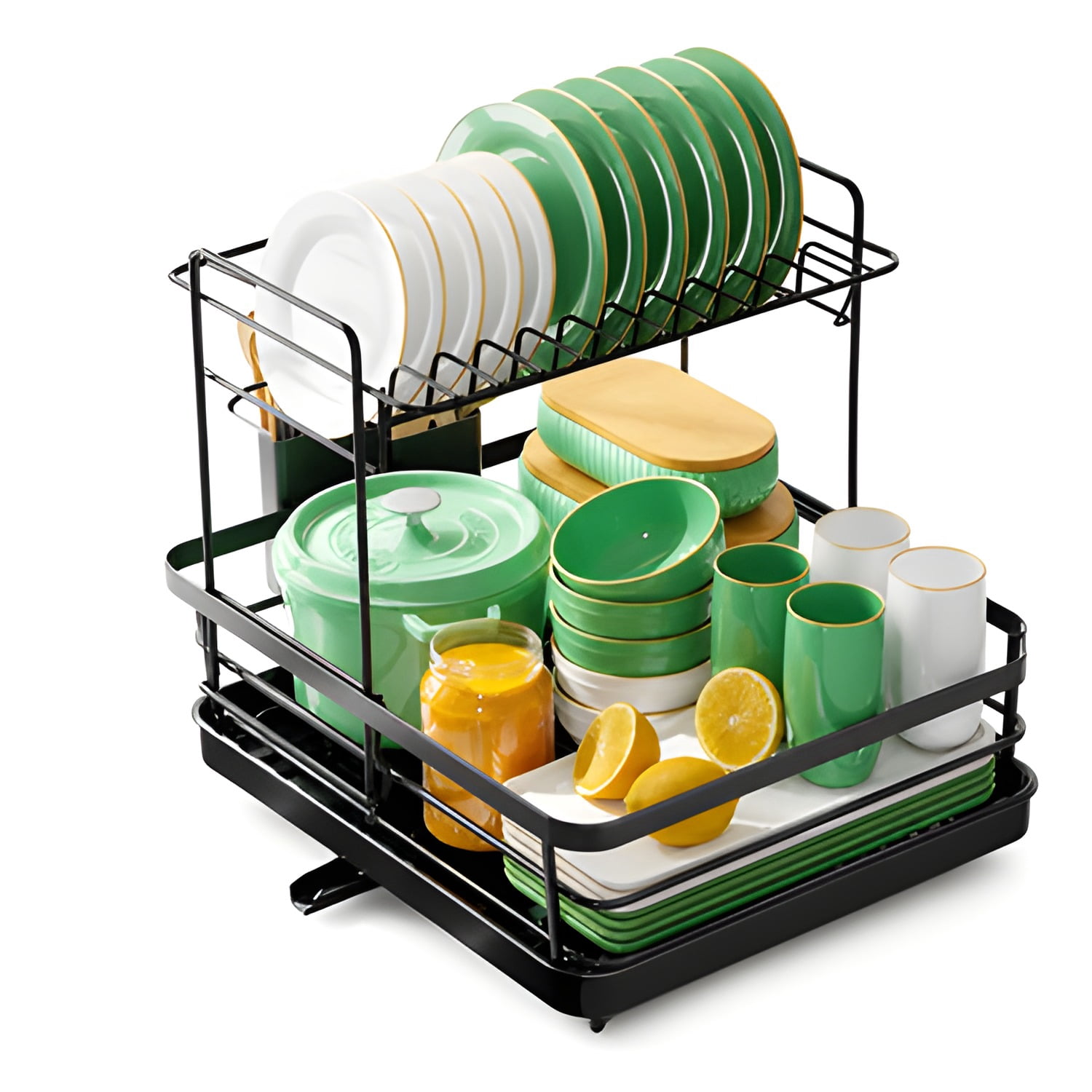 Dish Drying Rack for Kitchen Counter, Stainless Steel Sink Organization and Storage Essentials with Cutlery Holder, Home and Appartment Decor, 12"W x 15.5"L, 2 Tiers, Black