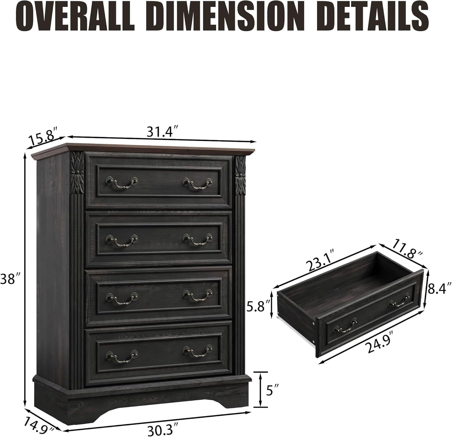 BOSHIRO 4-Drawer Dresser for Bedroom, Farmhouse Carved Storage Chest Organizer with Brown Top, Black Finish