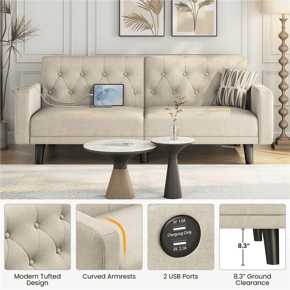 Renwick 63in Convertible Futon Sofa Bed with USB Ports, Beige