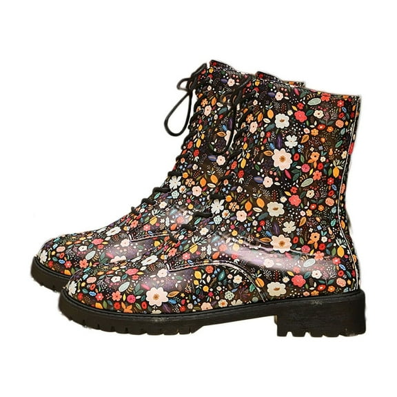 Lovskoo 2024 Combat Boots Womens Round Toe Chunky Heel Flower Thick Bottom Waterproof Leather Lace Up Zipper Low Heel Non-Slip Short Boots Black