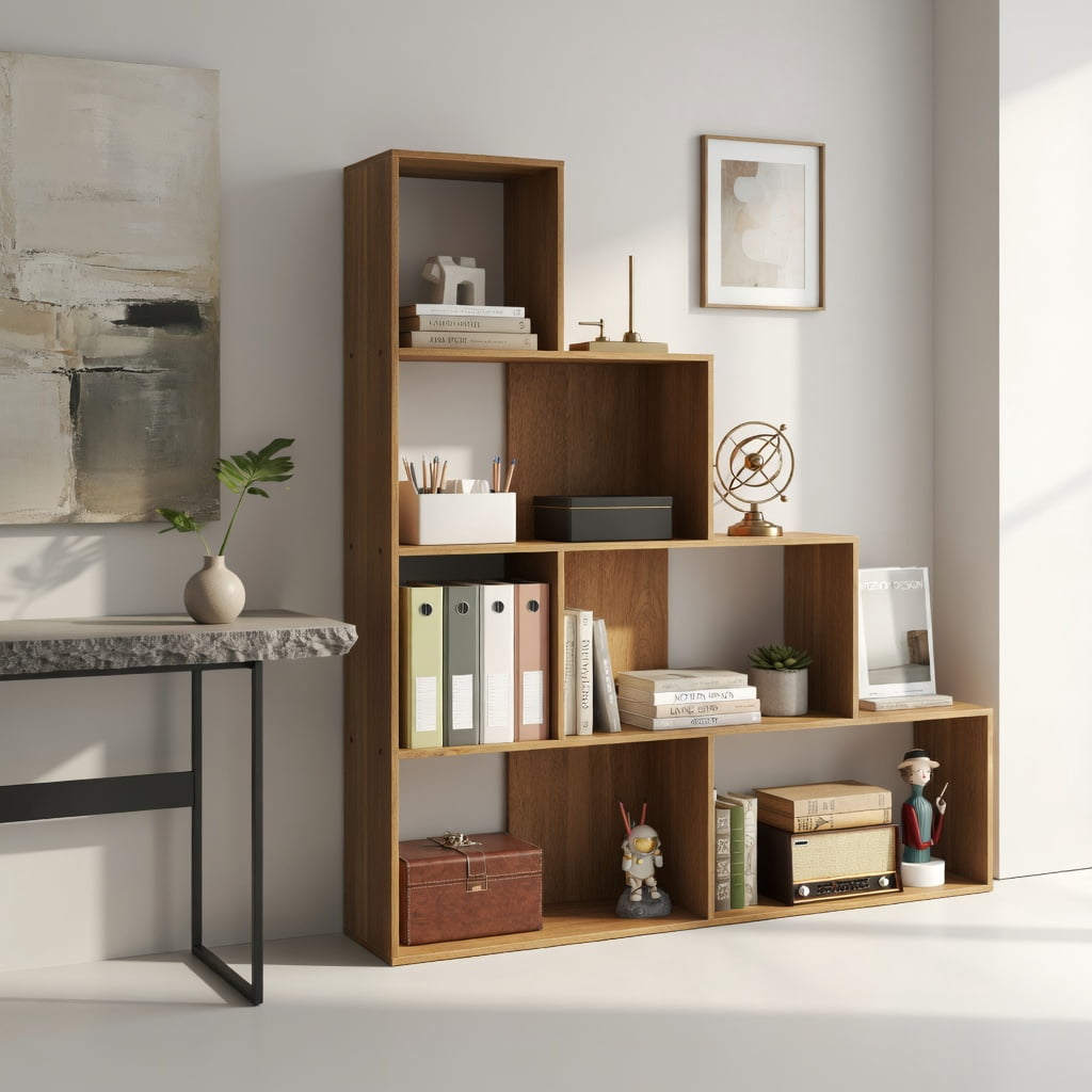 GVN Bookcases,6 Cubes Ladder Shelf Corner Bookshelf Storage Bookcase-Natural