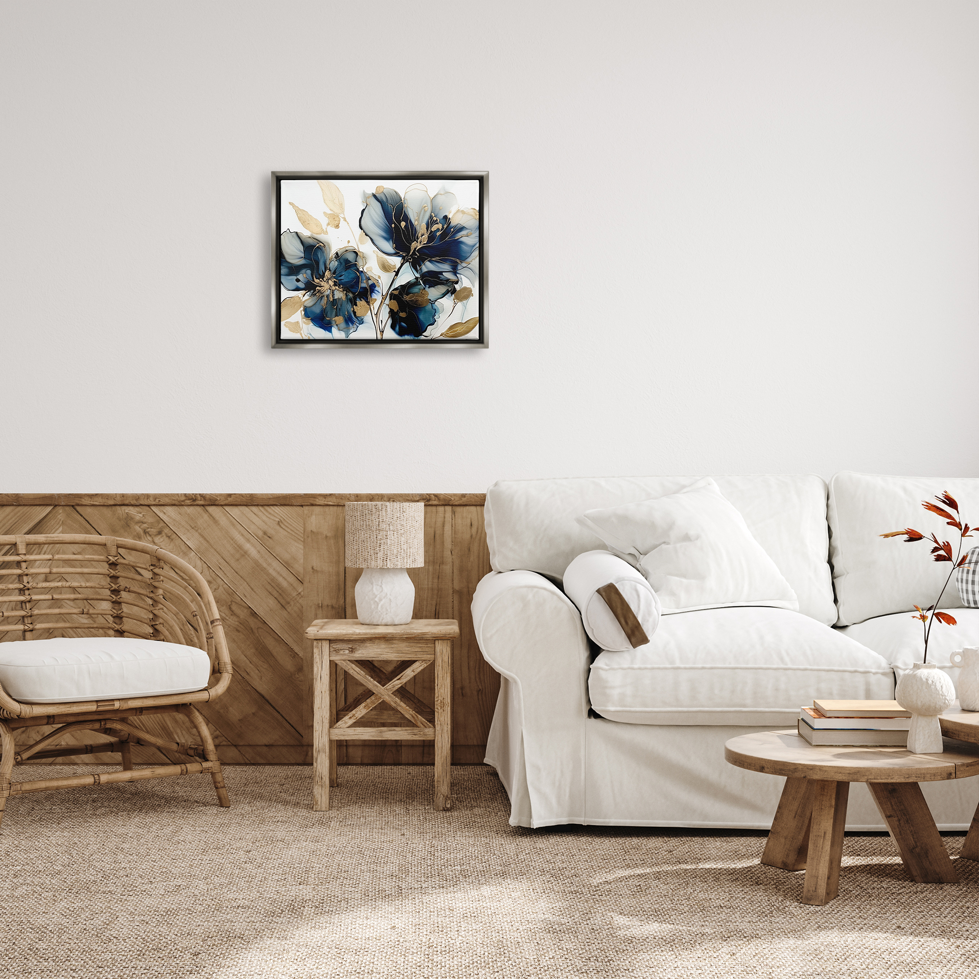 Stupell Industries Blue Modern Flowers Botanical & Floral Painting Gray Floater Framed Art Print Wall Art, 21 x 17