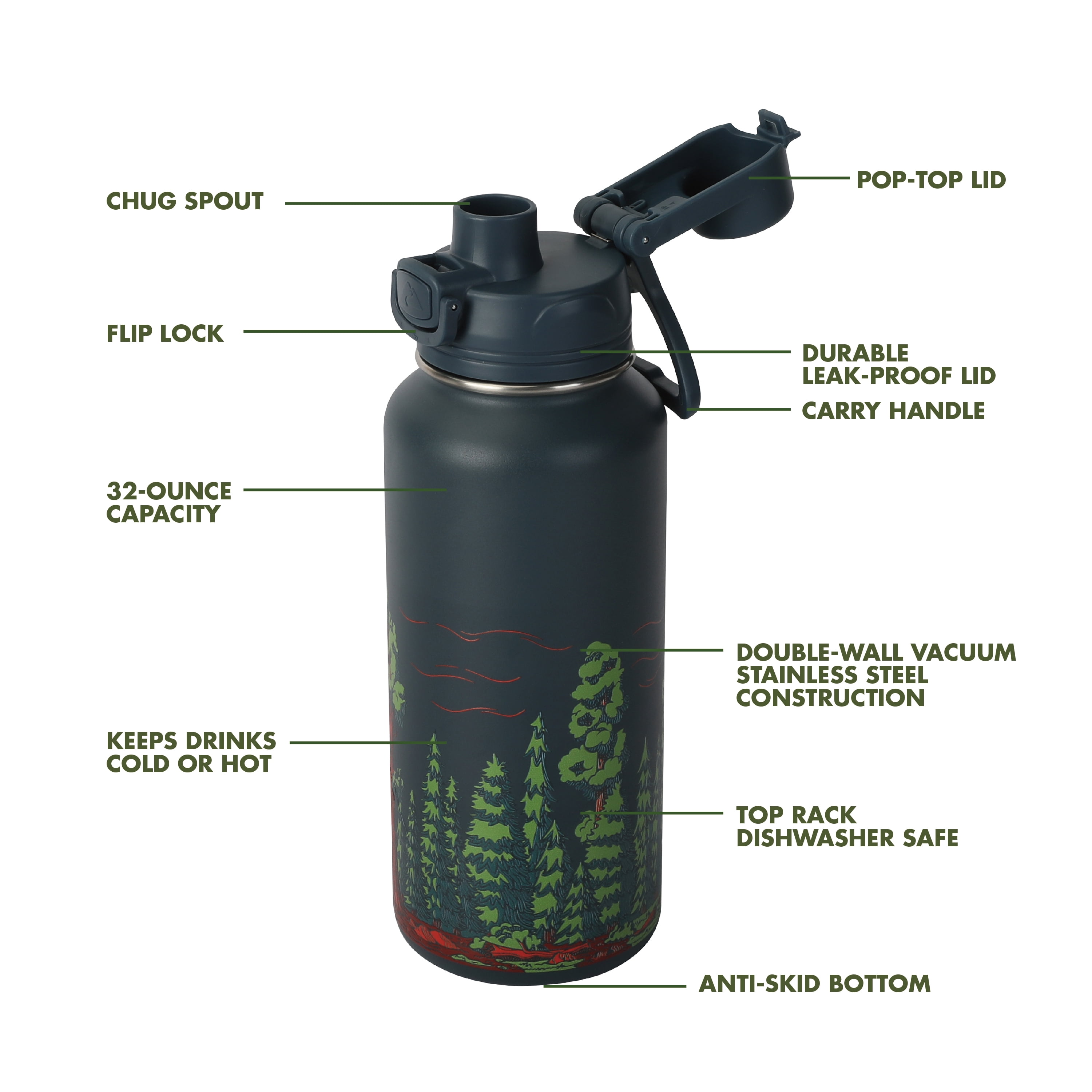 Ozark Trail 32 oz Chug Tritan Water Bottle, Ancient Forest, BPA-Free Reusable