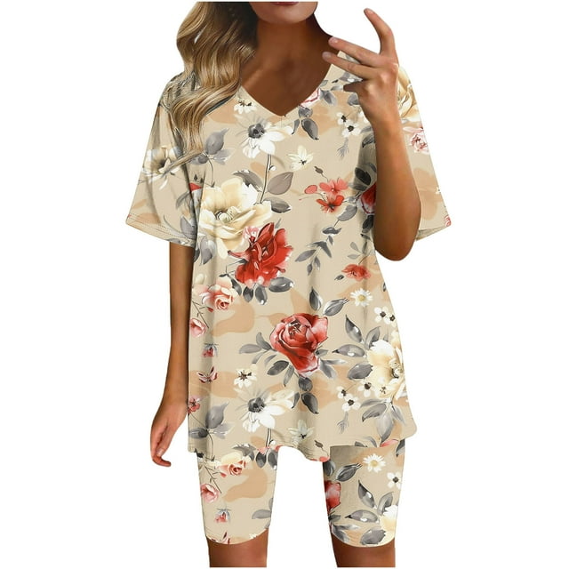 Blusas para las Mujeres Casual Impreso Cuello en V Manga Corta Blusa Pantalones Cortos, Conjuntos de Ropa para las Mujeres