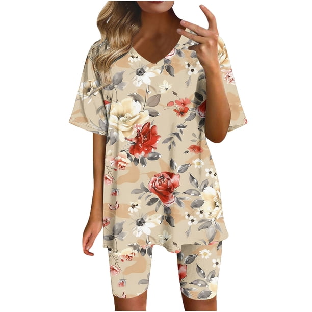 Blusas para las Mujeres Casual Impreso Cuello en V Manga Corta Blusa Pantalones Cortos, Conjuntos de Ropa para las Mujeres
