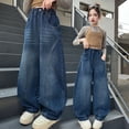 thumbnail image 2 of PLHWHYQ Girls Baggy Wide Leg Jeans, Elastic High Waist Loose Denim Long Pants, Kids Casual Relaxed Fit Trousers for Daily Wear Blue 13-14 Years, 2 of 9