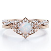 JeenMata Flower Halo Bezel 1.5 Carat Round Cut Ethiopian Opal and Moissanite Infinity Twisted Band Wedding Ring Set in 18K Rose Gold Plating over Silver