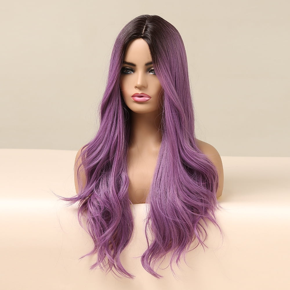 BERON Ombre Purple Long Wavy Wig Middle Part Wig for Women Heat Resistant Natural Looking Hair Wig for Party Cosplay