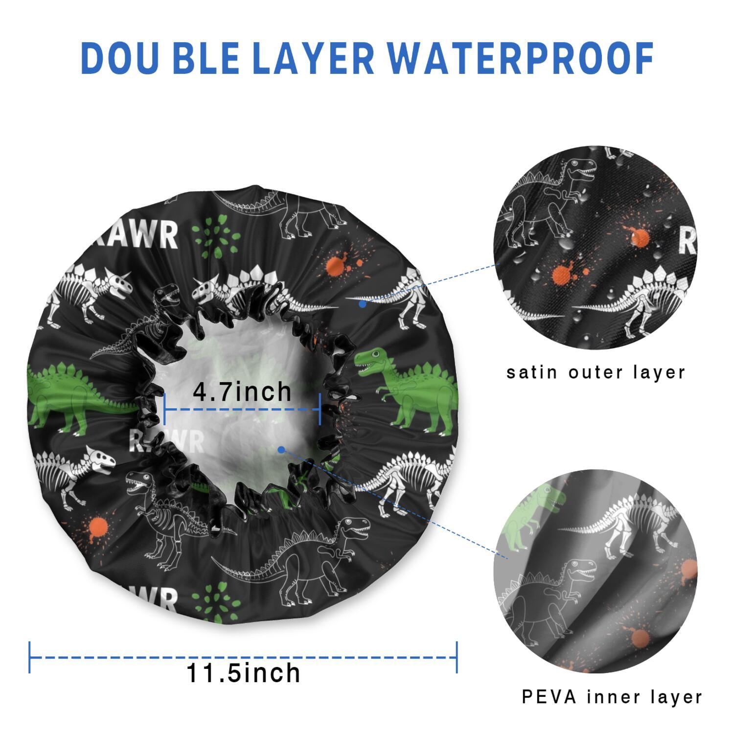 Shower Caps,Black Cartoon Dinosaurs Rawr Pattern Waterproof Shower Cap for Women 4 Pieces,Double Reusable Hair Cover for Shower PEVA Elastic Stretch Hem