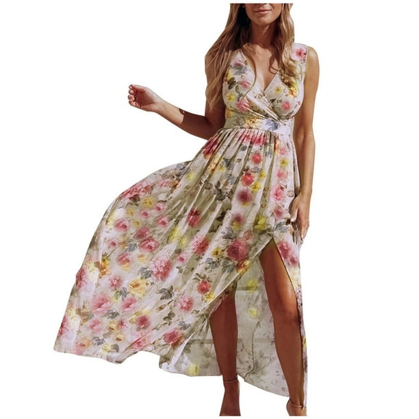 Vestido largo de playa casual elegante sin mangas de gasa con abertura con cuello en V para mujer Pompotops ghjkhdj6619