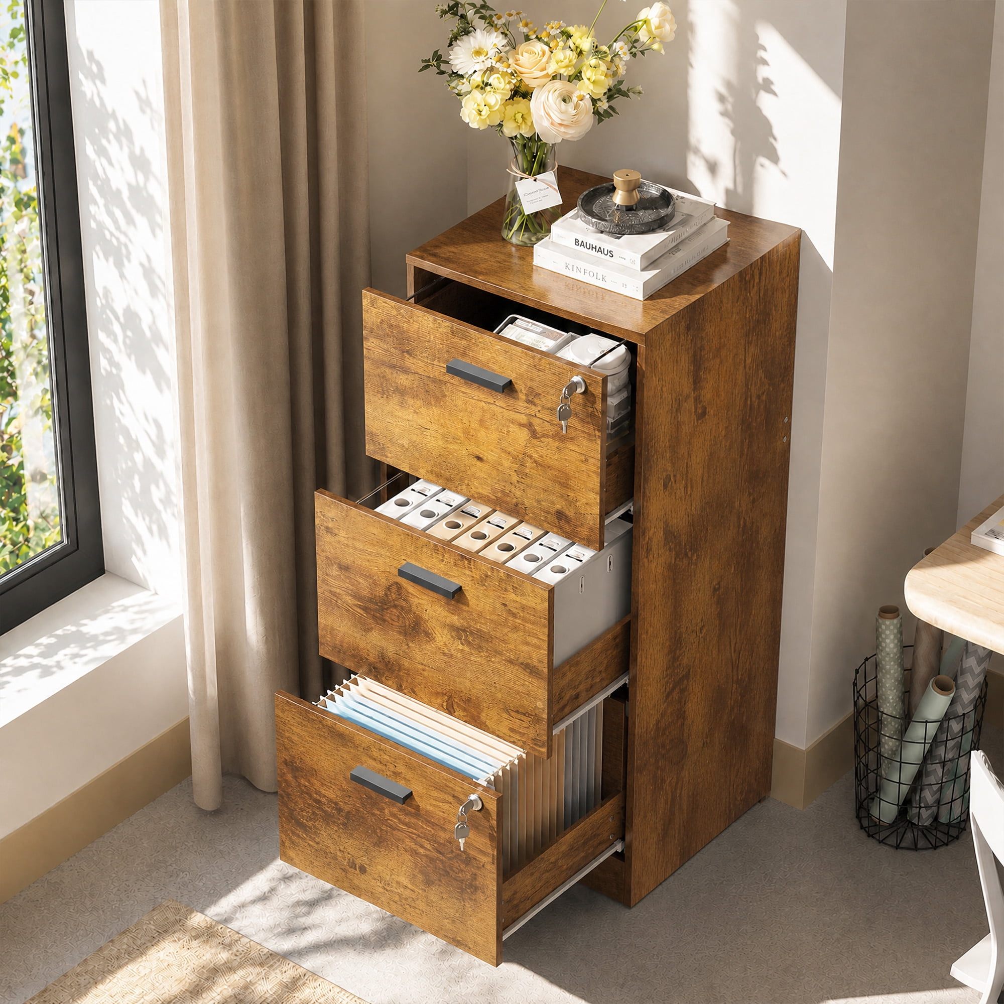 GALAXHERO 3 Drawers File Cabinets, Wood Vertical Filing Cabinet with Lock for Home Office, Letter/A4 Size, Rustic Brown