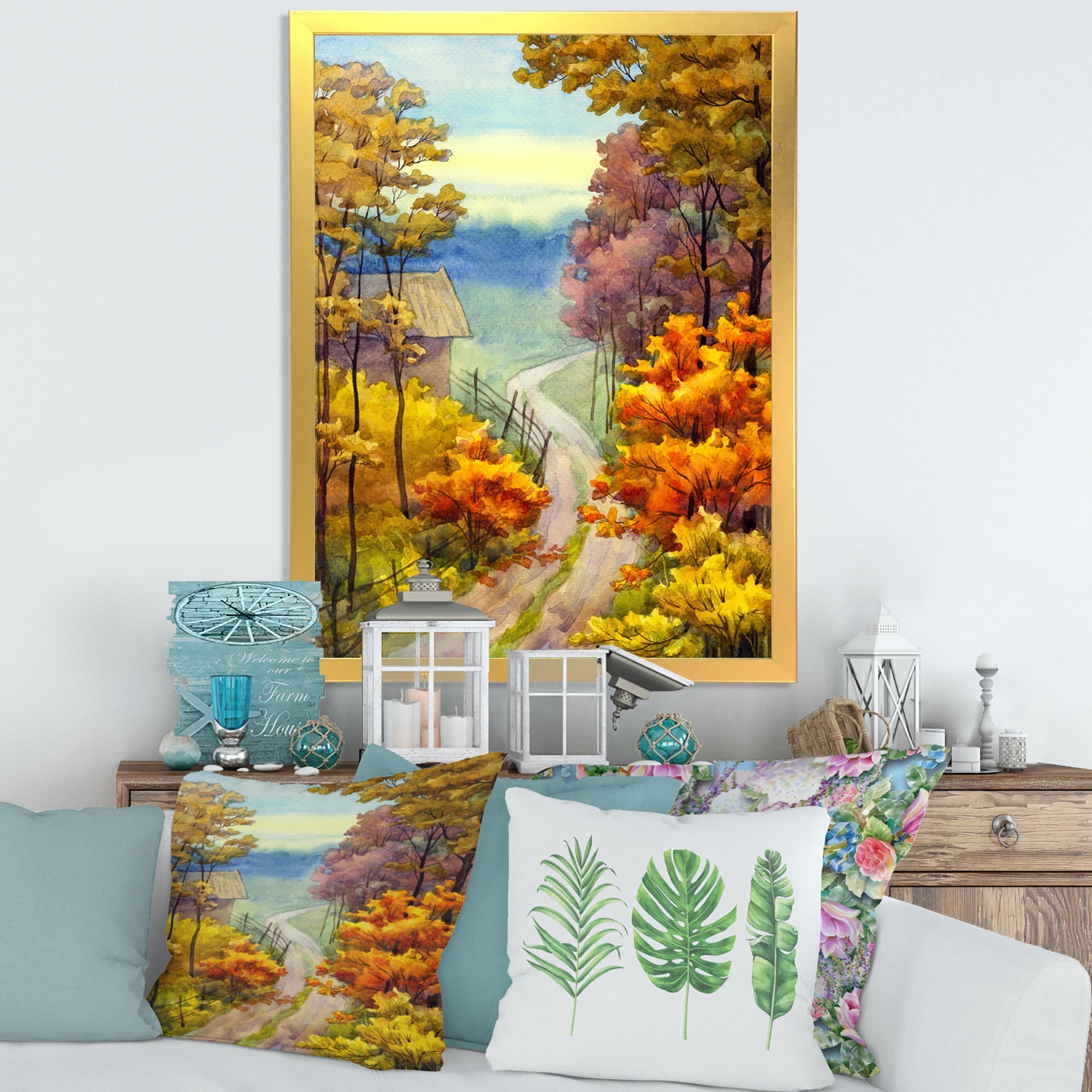 Designart 'Little Road Through VIbrant Autumn Scene' Lake House Framed Art Print