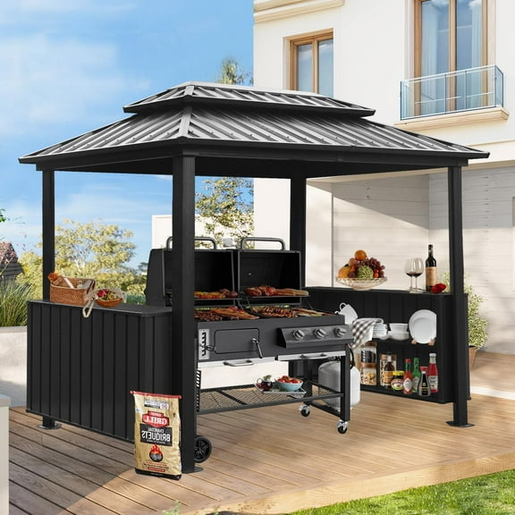 6x10FT Hardtop Grill Gazebo, Outdoor BBQ Gazebo with Double Galvanized Steel Roof, Permanent Sun Shade Grill Canopy with 2 Storage Cabinets and Ceiling Hooks, Gray