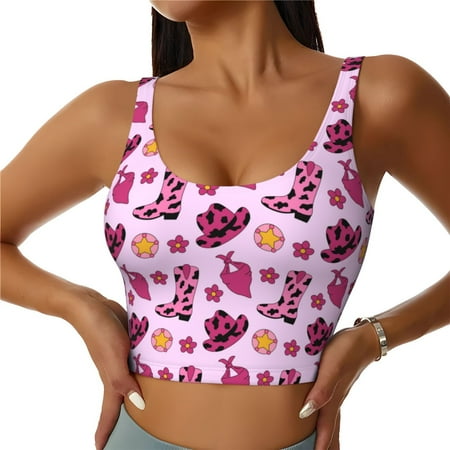 Sports Bras for Women - retro Cowgirl pink Boots hat scarf Seamless Yoga Bra Workout Crop Top with Removable Pads