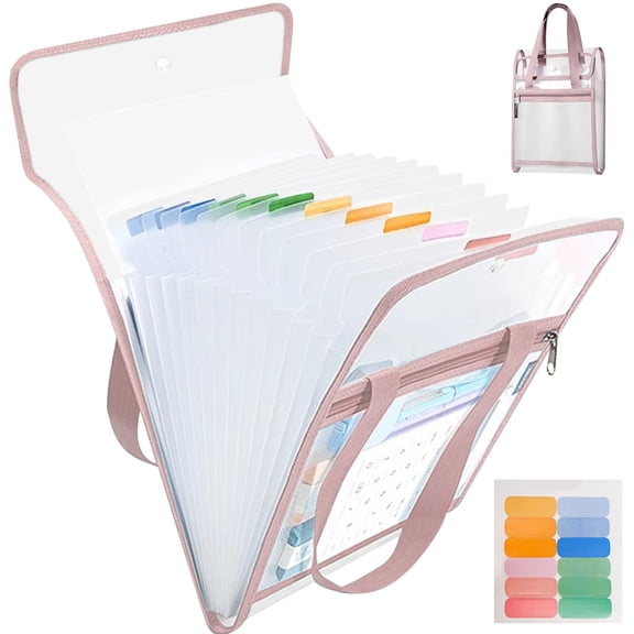Clear Accordion Files Organizer with Front Mesh 13 Pockets for Documents, Letter Size A4 Papers Expanding File Folder Portable Zipper Pouch for Classroom, Home, Pink