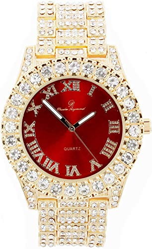 Charles Raymond blinged Out Mens Silver Big Rocks Hip Hop with Roman Numerals Fully Iced Out Colorful Dial Watch - ST10327 RN Single (Gold Blood Red)