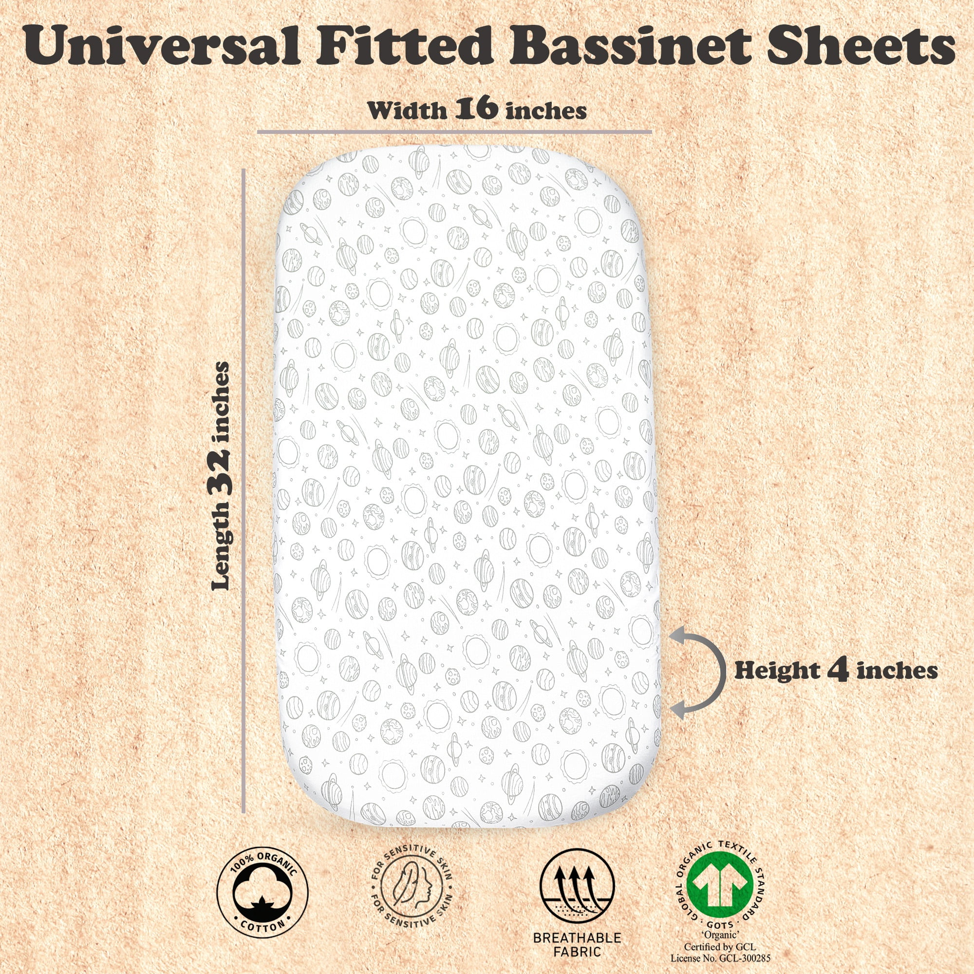 Baby Bassinet Sheet Set for Boy and Girl, 2 Pack Organic Cotton Universal Fitted Bedding Cover for Oval, Hourglass & Rectangle Bassinet Mattress, Fitted Sheets Size 32 x 16 x 4 Inches