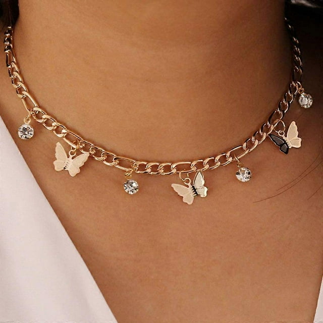 Simsly Butterfly Crystal Chain Adjustable Butterfly Pendant Necklace Shining Butterfly Chain with Rhinestones (Gold)