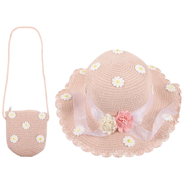 2 bolsas de moda para niñas, sombrero de margaritas para el sol, sombrero de playa de verano para niñas, sombrero de paja ondulado, sombrero y bolso para niñas (rosa)