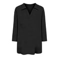 thumbnail image 2 of Womens 3/4 Sleeve Tops V Neck Cotton Linen Lightweight Casual Lapel Collared Shirts for Women with Button Cuffs (L, Black), 2 of 6