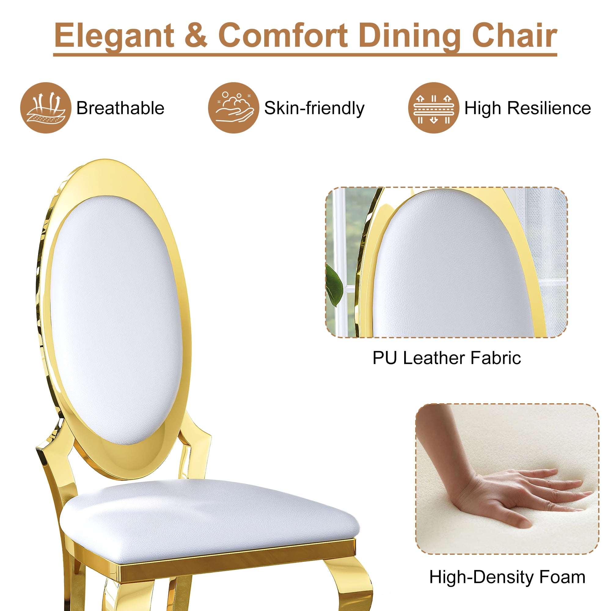 Luxury Dining Chairs Set of 2, Oval Back PU Upholstered Chairs with Stainless Steel Cabriole Legs, Dining Chairs for Kitchen, Living Room, Office