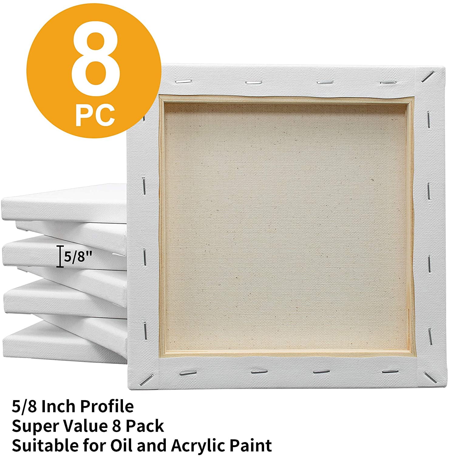 FIXSMITH Stretched White Blank Canvas- 8"x 8", 8 Pack, Primed,100% Cotton, 5/8 Inch Profile of Super Value Pack for Acrylics, Oils & Other Painting Media.