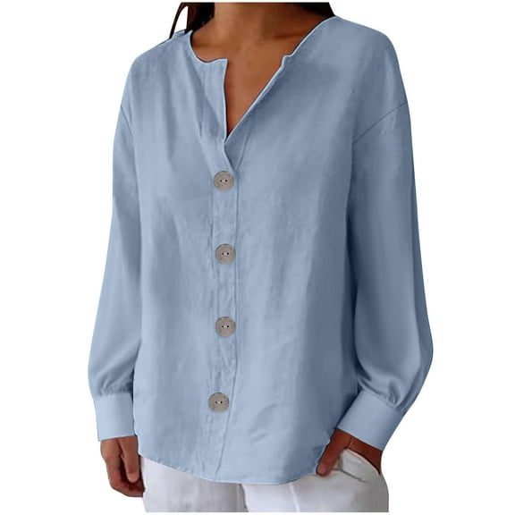 Lenpel Blouses for Women Long Sleeve V Neck Solid Color Button down Shirts Trendy Casual Tops Loose Tunic Tops(Light Blue,X-Large)