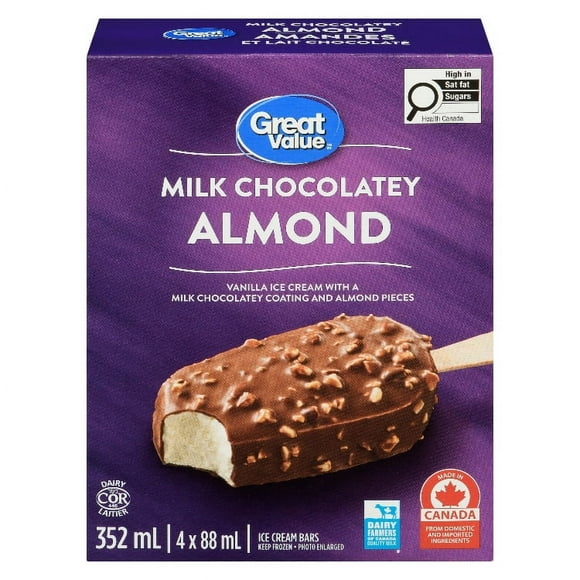 Great Value Milk Chocolatey Almond Ice Cream Bars, 4 x 88 mL