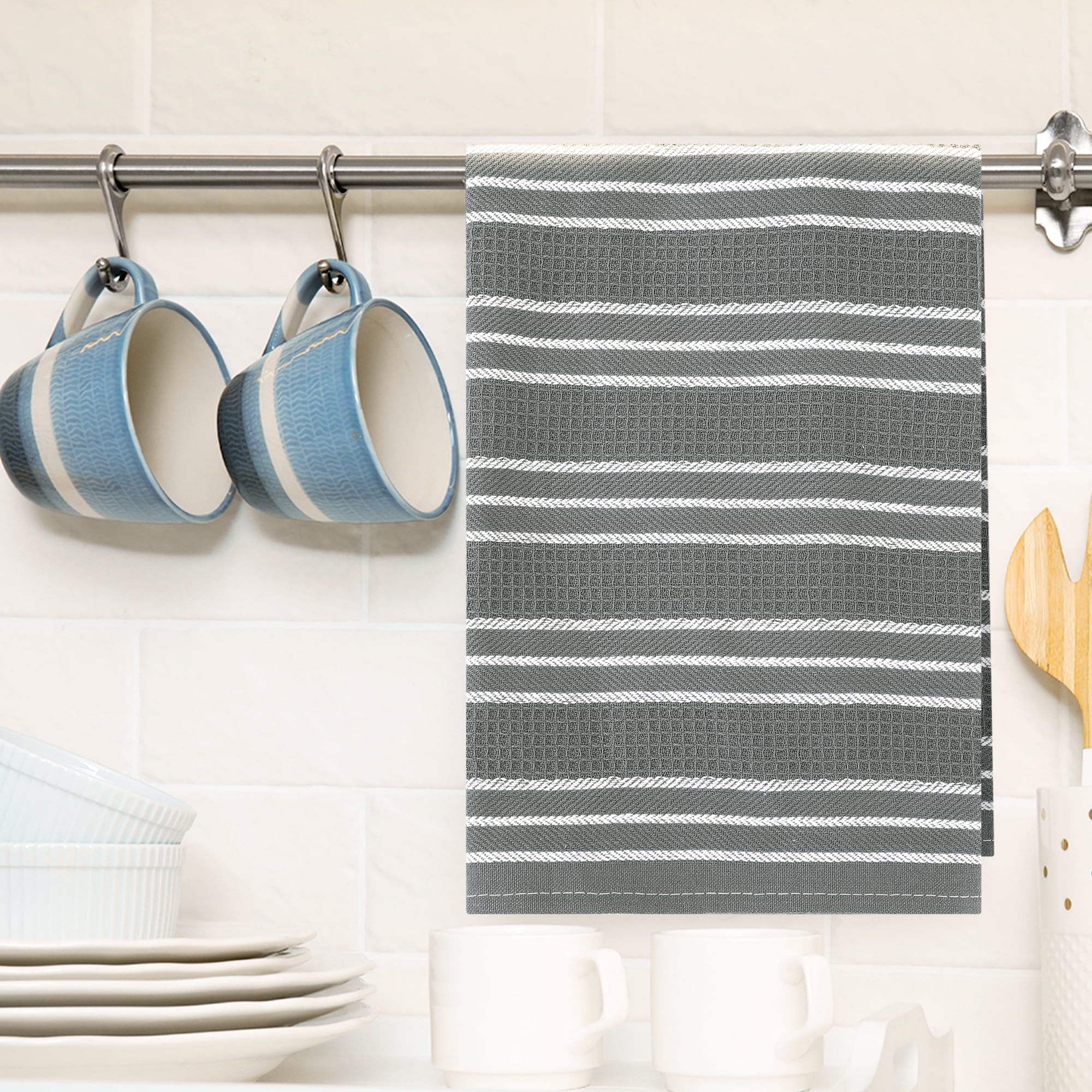 Unique Bargains Striped Kitchen Towels Soft Cotton Dish Towels for Kitchen 26 x 18 Inch Gray 4pk