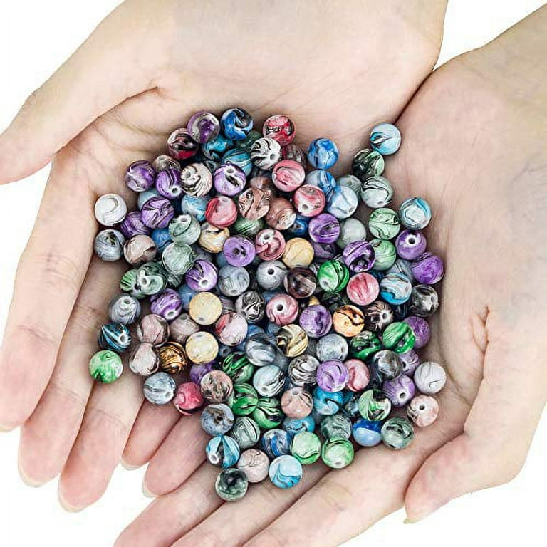 QUEFE 500pcs 8mm Multi Color Acrylic Round Loose Beads in Ink Patterns with 50pcs Spacer Beads and Crystal String for Bracelets Jewelry Making