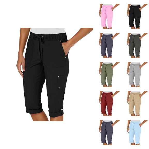 Capri Pants for Women Summer Casual Elastic High Waist Rolled Up Cuffs Straight Leg Cropped Cargo Pants