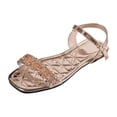 thumbnail image 4 of Rokment Metallic Sparkly Rhinestones Dressy Sandals for Women Ladies 2026 Delicate Bling Square Toe Flat Ankle Strap Low Heels Bride Wedding Low Heel Dress Summer Shoes Beach Gold Size 6, 4 of 5