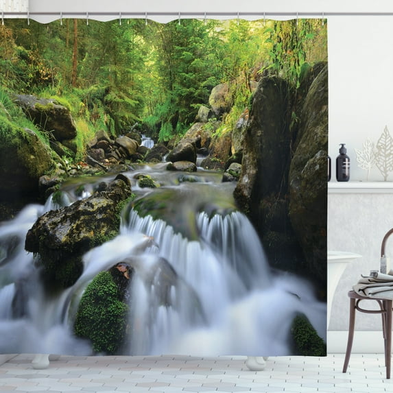 Ambesonne Outdoor Shower Curtain, National Park Cascade, 69"Wx75"L, Fern Green Dark Grey