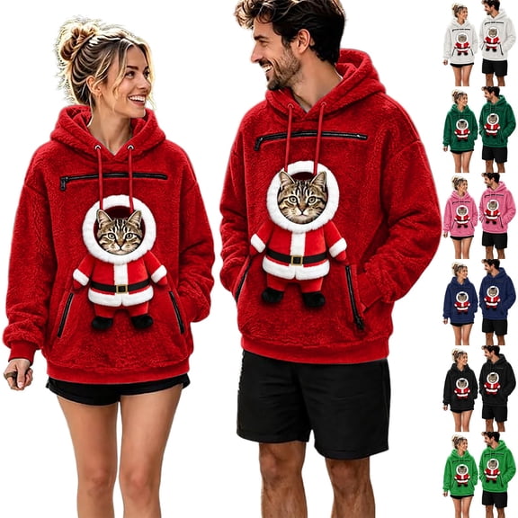 JAJAHO Unisex Christmas Santa Cat Hoodie Pet Holder Kitten Puppy Carriers Pullover Fuzzy Sweatshirt With Zipper Pouch
