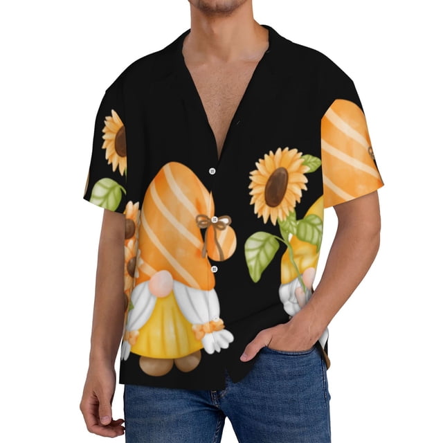 Fotbe Hello Spring Sunflower Gnomes Camisa Estampada de Manga Corta para Hombre, Casual de Verano, Estilo Playero, Sin Arrugas-Large