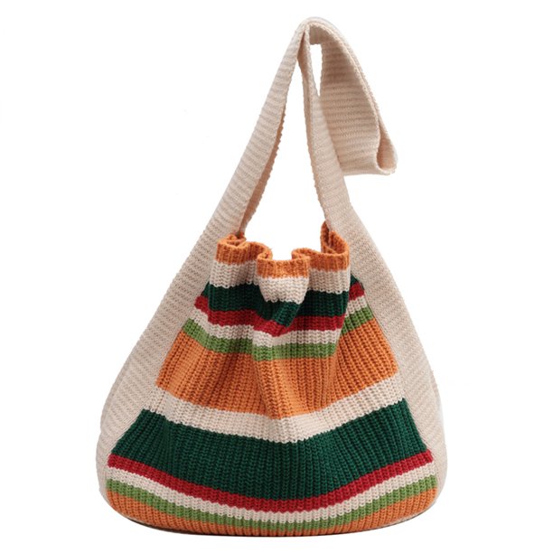 Bolso Hombro A Rayas Ganchillo para Mujer Lindos Bolsos Mano Bolso Diario Verano (Beige)