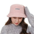 thumbnail image 2 of dianhelloya Warm hat Bucket Hat Fashion Letter Label Fluffy Japanese Style Thickened Casual Keep Warm Sherpa Autumn Winter Thermal Fisherman Cap for Daily Life Pink, 2 of 8