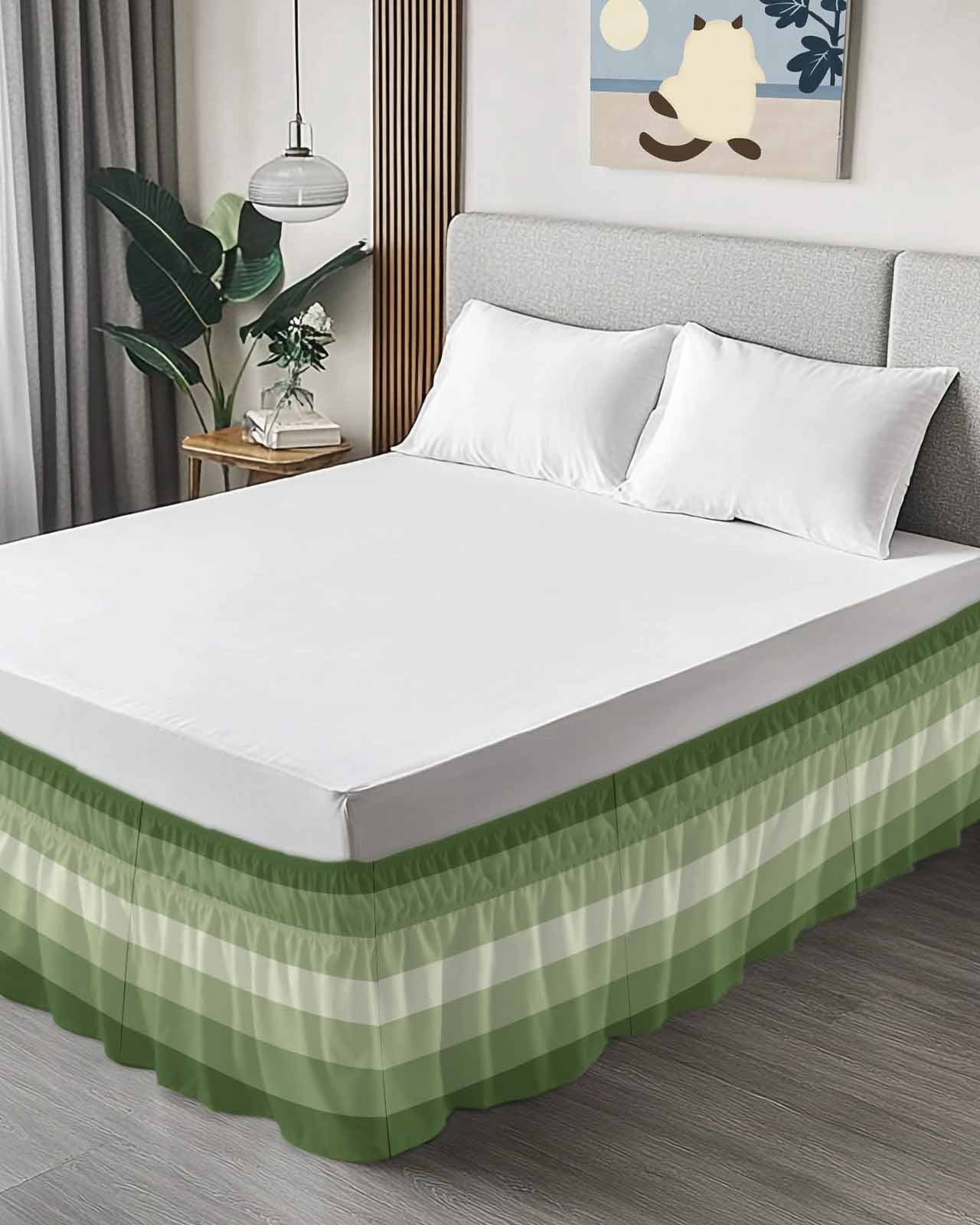 Sage Green Bed Skirt Queen Size 16" Drop Ombre Stripe Ruffled Wrap Around Bed Skirts Adjustable Elastic Bedskirt Dust Ruffle for Queen Size Bed