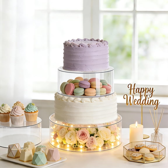 Danolapsi 3 Piece Clear Acrylic Cake Stand with LED Lights, 6/8/10 in Round Fillable Cake Display Riser with Labels, Dessert Table Display Stand for Part Wedding Birthday