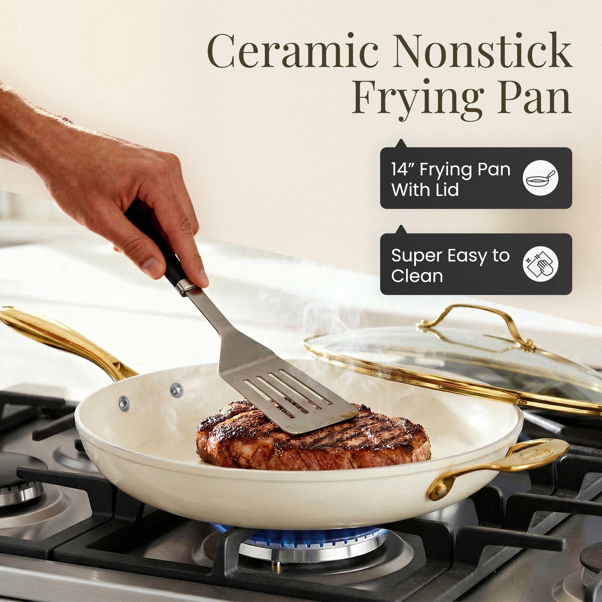 Gotham Steel 14 Inch Frying Pan with Lid, Extra Large Frying Pan Skillet for Family Cooking, Non Toxic Ceramic Nonstick Coating, Ergonomic Stay Cool Handle + Helper Handle, Oven and Diswasher Safe