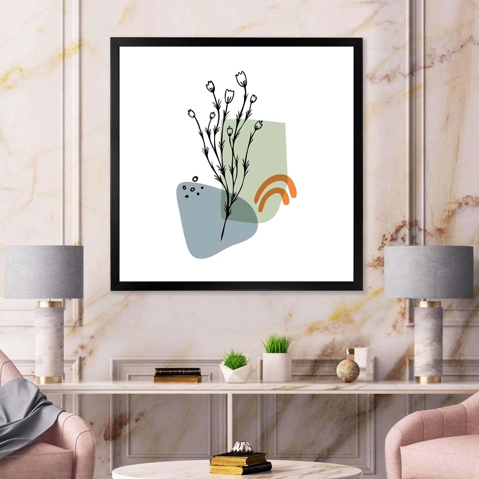 Designart 'Abstract Minimal Shapes Under Flowers II' Modern Framed Art Print