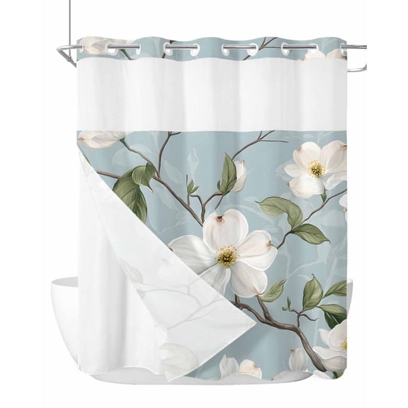 No Hook Cloth Fabric Shower Curtain with Snap in Liner, Elegant Floral Waterproof Shower Curtains Set with See Through Top Window, Watercolor Blue Garden Floral Spring Bath Curtains Shower 72"x78"