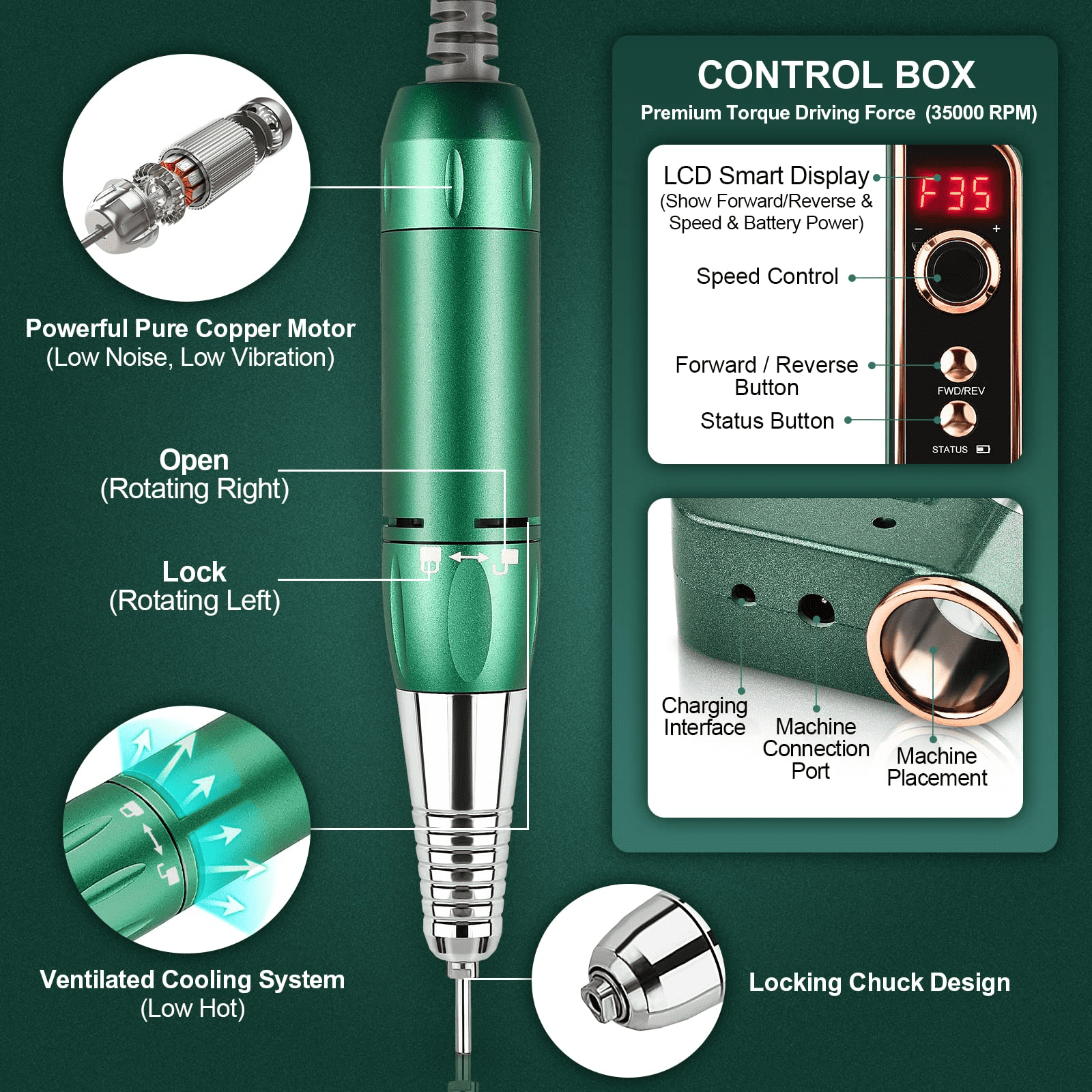 Professional Nail Drill , KUIIYER 35000RPM Electric Nail Drill Kit (66Pcs Portable 3000mAh Cordless Rechargeable Variable Speed All-Metal Nail File Set) for Acrylic Nails DIY Manicure Pedicure