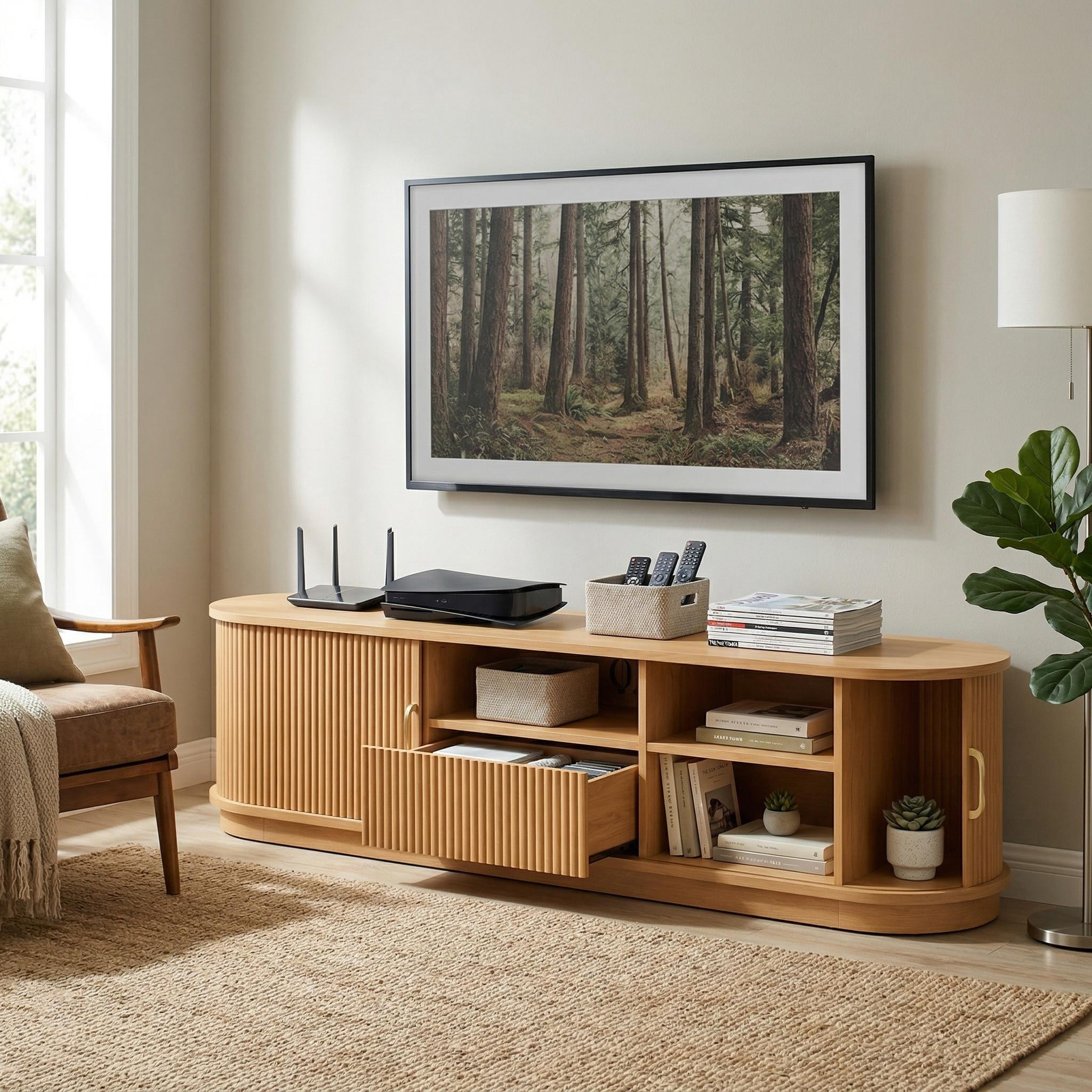 Homy Casa TV Stand for TVs up to 75", Mid Century Entertainment Center with Sliding Doors