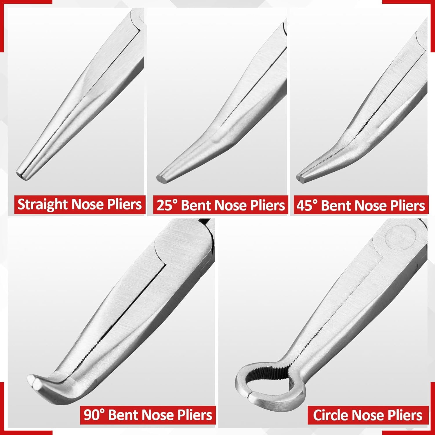 5Pcs Bent Nose 11 Inch Extra Long Needle Nose Set, Straight, 25°/45°/90° Bent, Circle Nose for N Spaces, Hard to Reach Areas & Precision Work