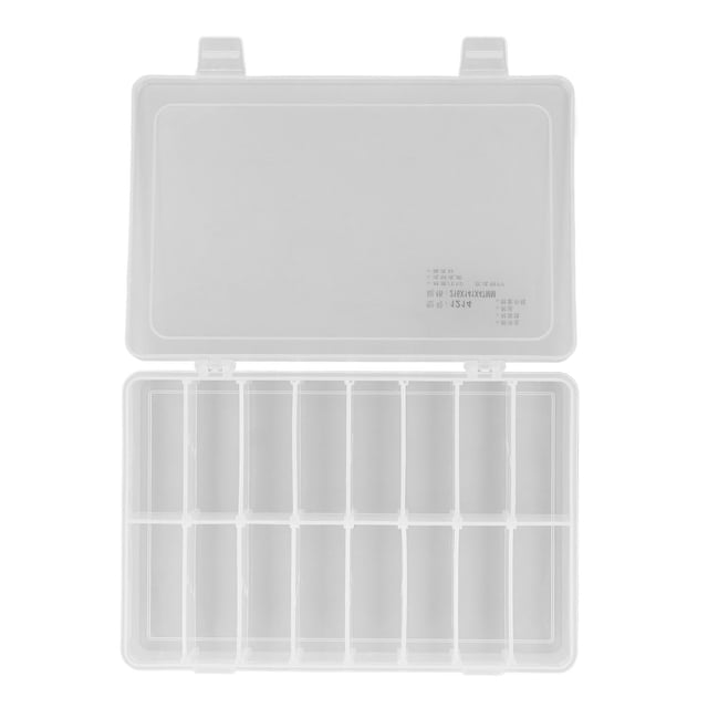 contenedor organizador nikou caja de piezas 16 compartimentos transparente, vista cenital con tapa abierta mostrando 16 compartimientos rectangulares y divisores ajustables en plástico PP; dimensiones aprox. 216 x 141 x 47 mm, cierre de hebilla seguro, ideal para piezas pequeñas, tornillos o accesorios de bisutería.