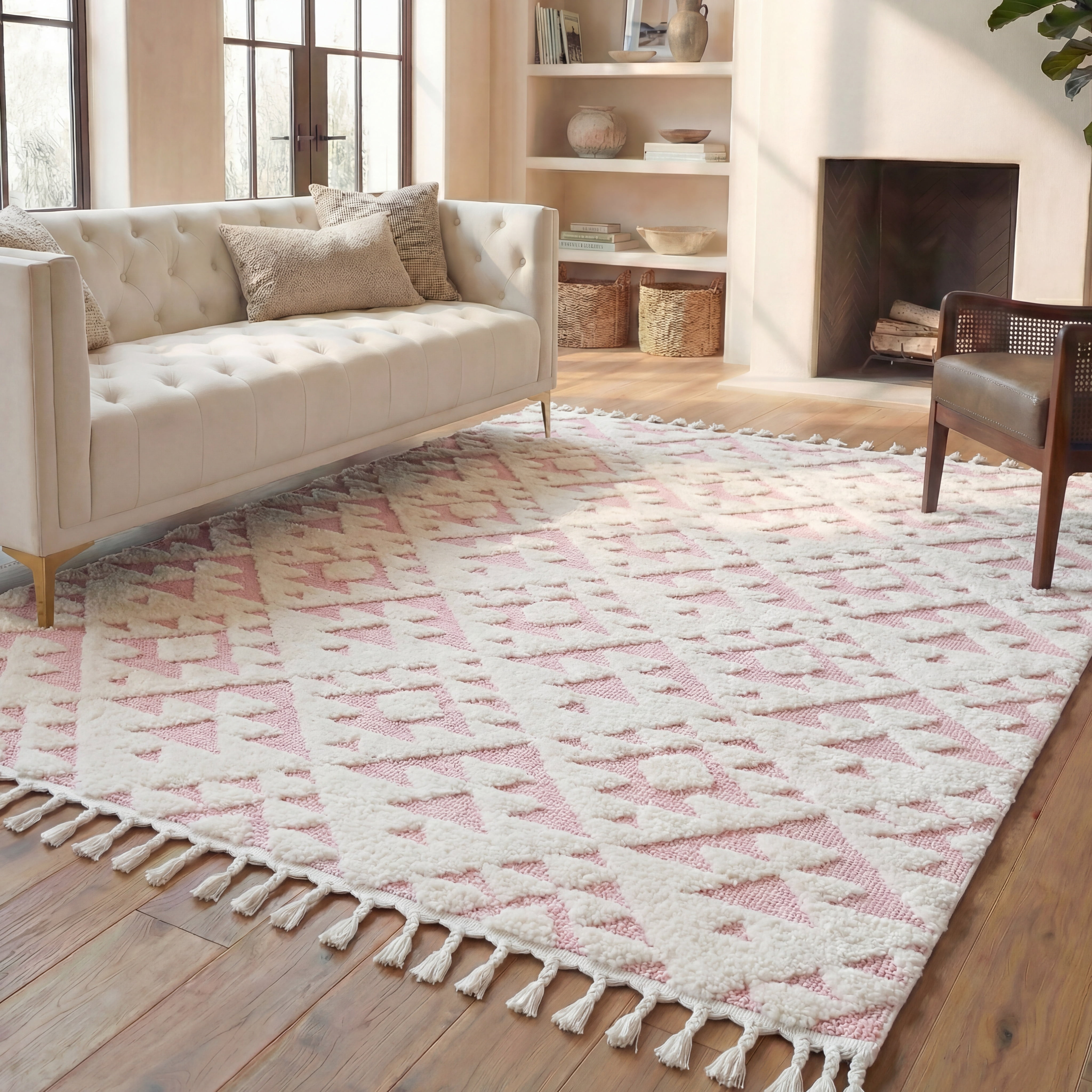 Safavieh Moroccan Tassel Larry Geometric Shag Area Rug, Ivory/Pink, 2'3" x 4'