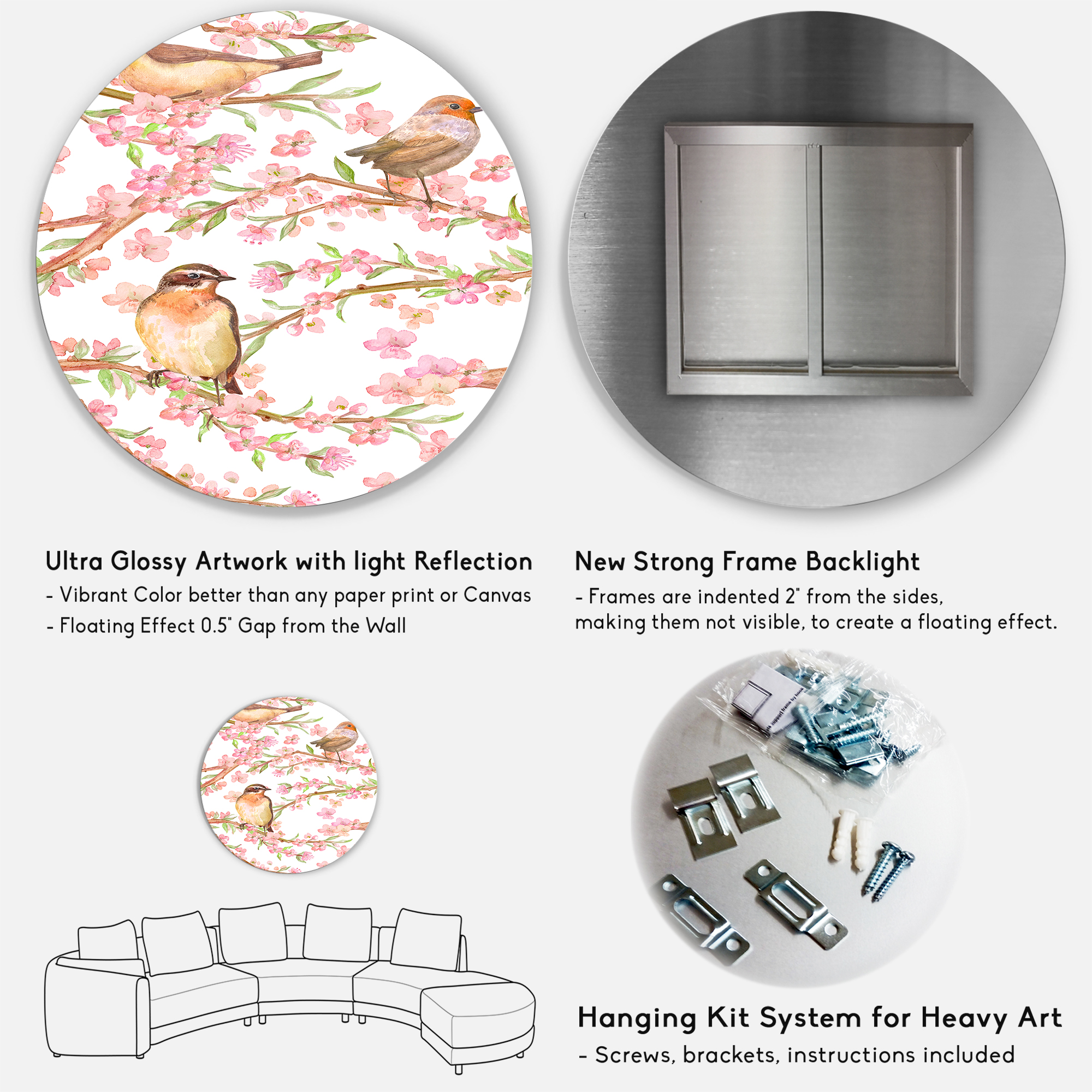 Designart 'Lovely Birds On Branches Of Flowering Almond' Traditional Circle Metal Wall Art 23x23 - Disc of 23