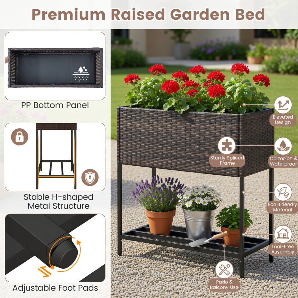 GVN Planter Garden Boxes Outdoor,Wicker Raised Garden Bed with Storage Shelf and Removable Liner for Flowers