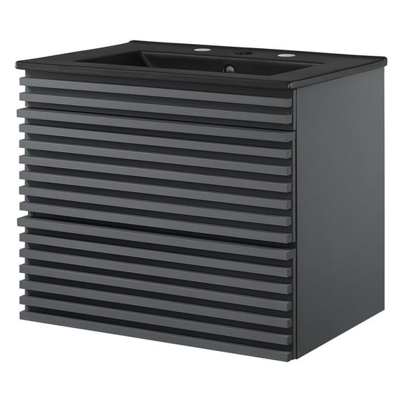 Wall Mount Sink Vanity Cabinet, Grey Gray Black, Wood, Mid Century Hotel Bedroom Bathroom, Modern Contemporary HB33653